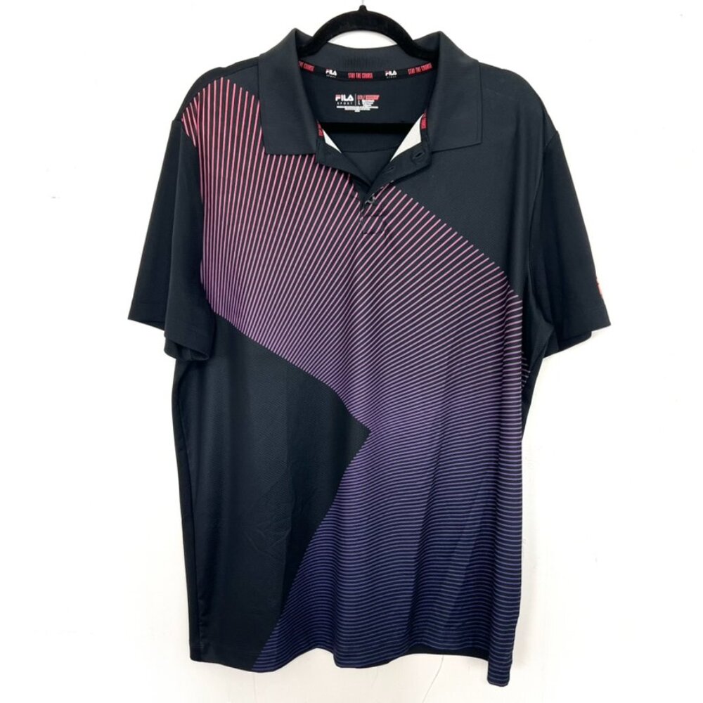 Fila Sport Golf Active Polo Shirt Black Purple Print Athletic Fit Men's Sz Large